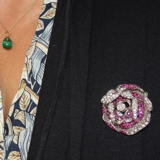 Victorian Silver & 18KT Yellow Gold Ruby & Diamond Flower Brooch on blouse