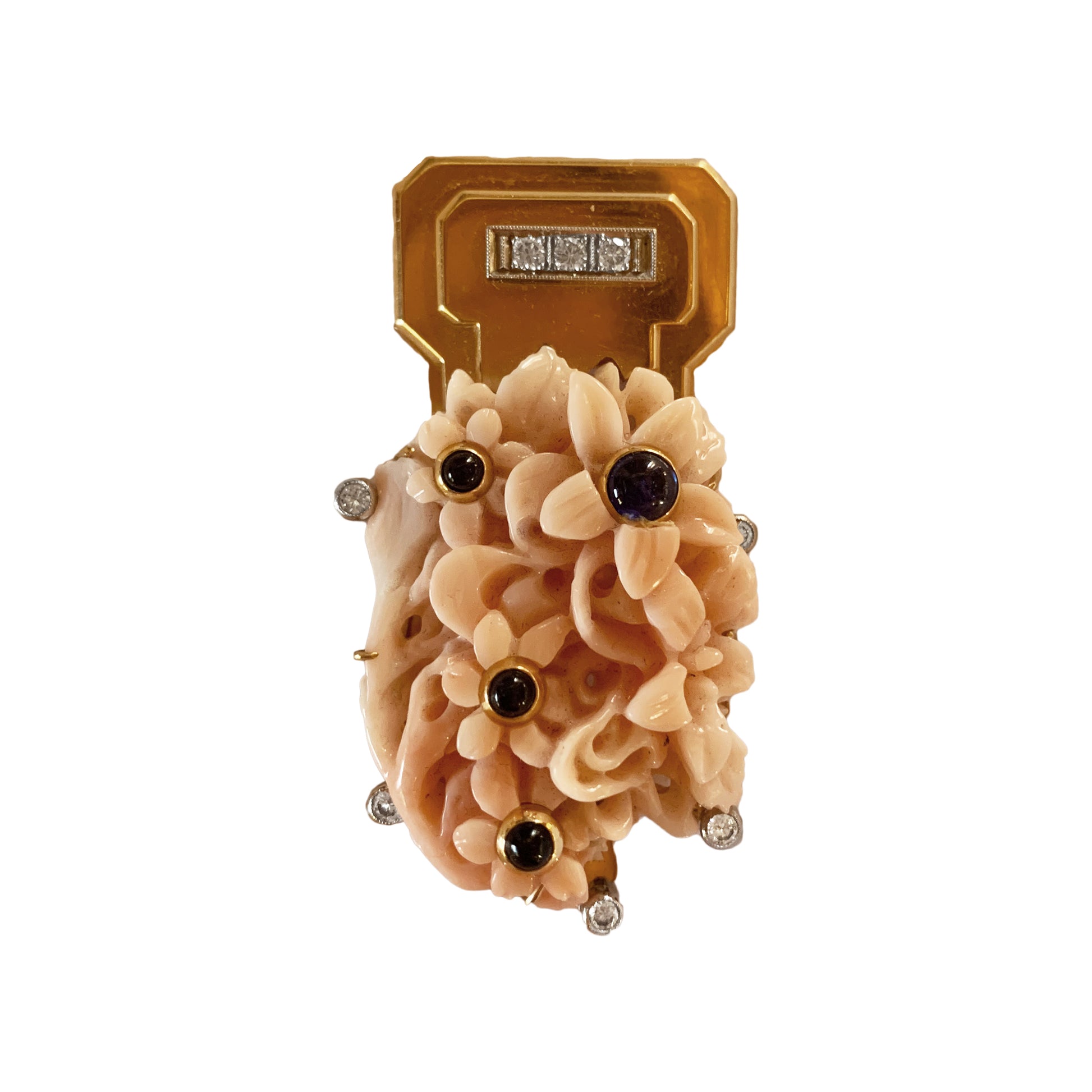 1940s 18KT Yellow Gold Coral, Diamond & Sapphire Brooch front