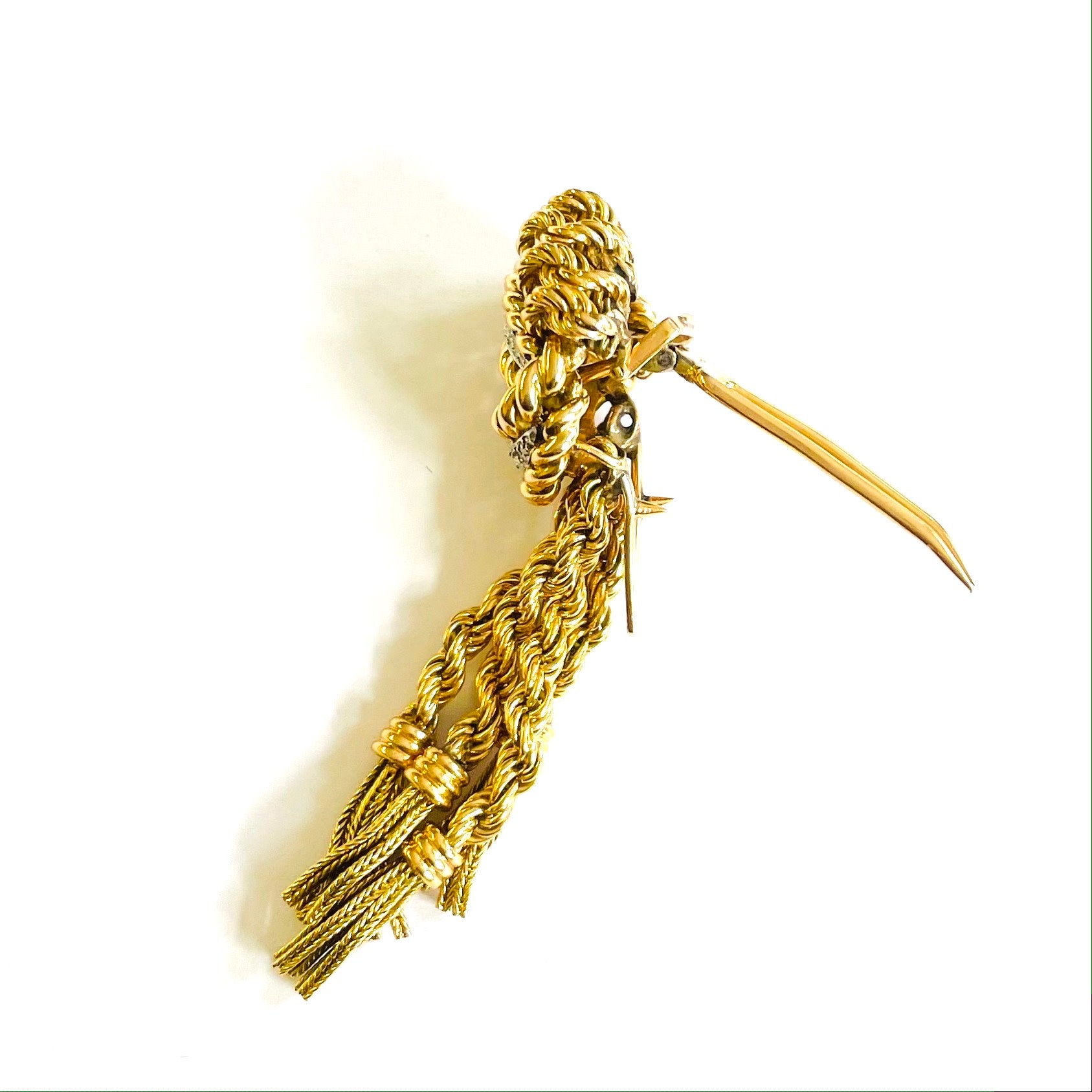 French 1940s 18KT Yellow Gold Diamond Tassel Brooch side