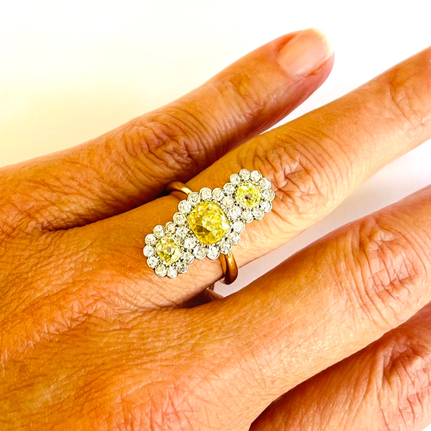 1960s Platinum & 18KT Yellow Gold Diamond Ring on finger