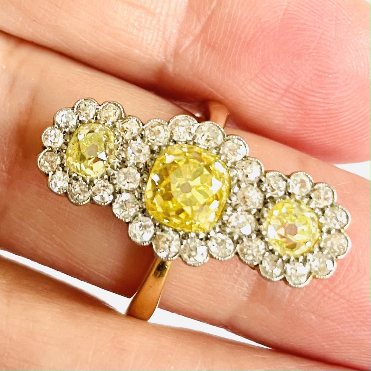 1960s Platinum & 18KT Yellow Gold Diamond Ring on finger