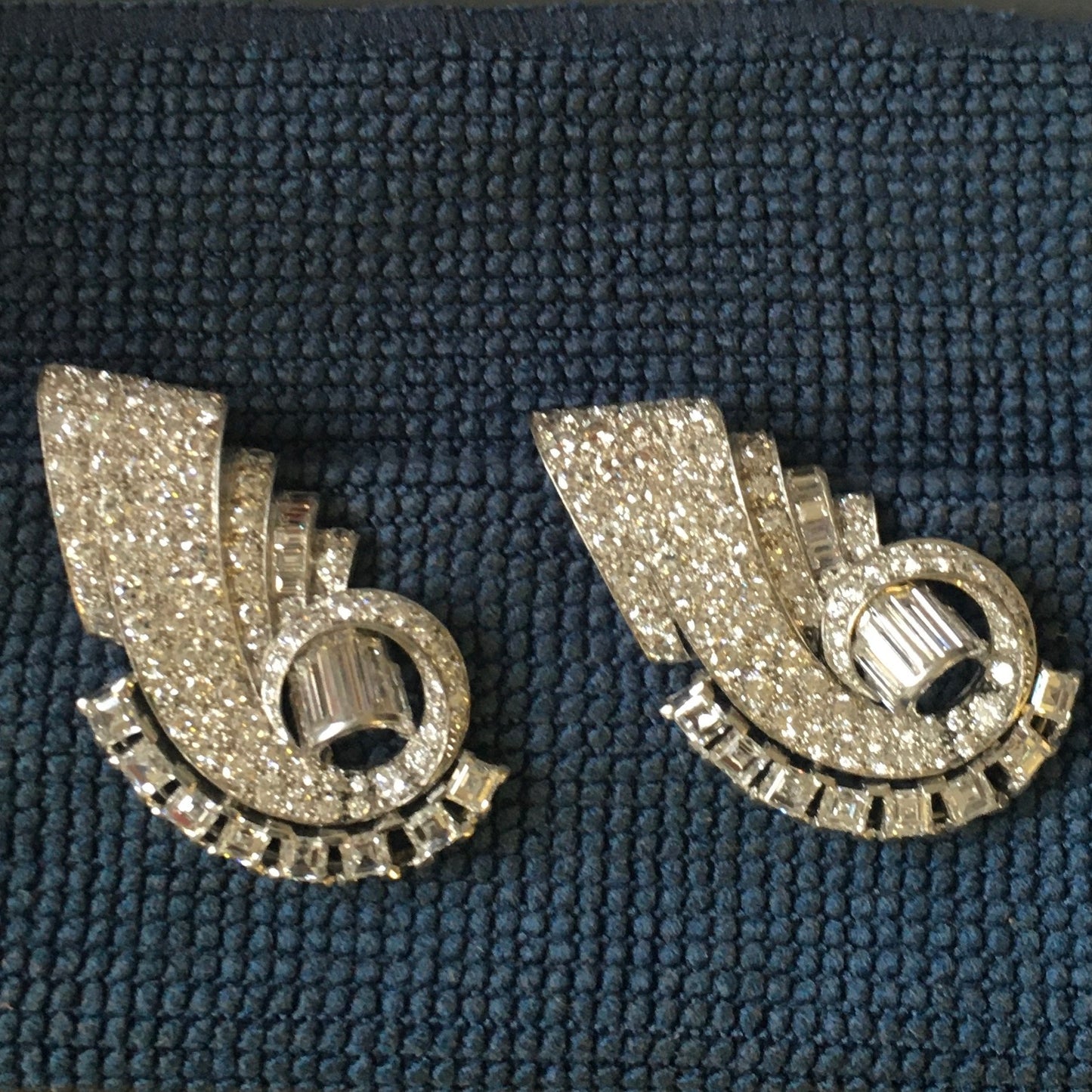 French 1940s Platinum Diamond Double Clips front