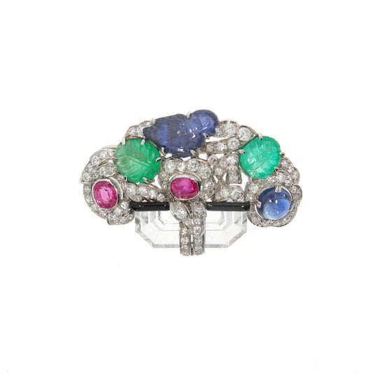 Ellis Brothers French 1930s Platinum Diamond, Emerald, Enamel, Rock Crystal, Ruby & Sapphire Tutti Frutti Brooch front