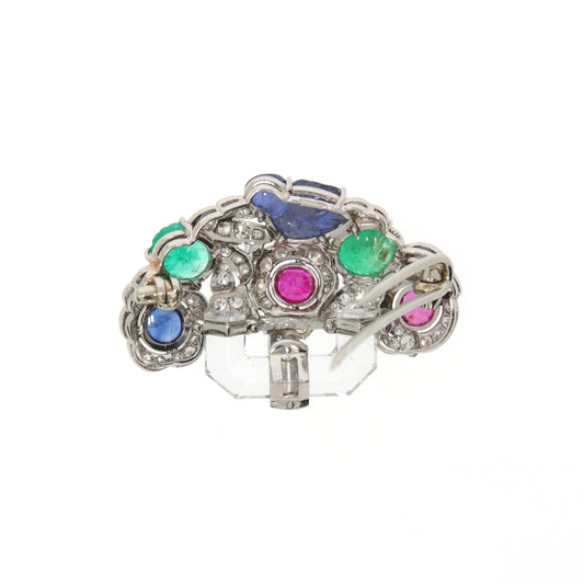 Ellis Brothers French 1930s Platinum Diamond, Emerald, Enamel, Rock Crystal, Ruby & Sapphire Tutti Frutti Brooch back