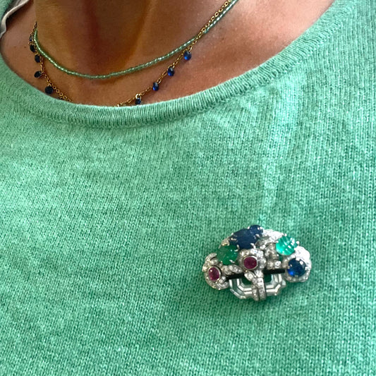 Ellis Brothers French 1930s Platinum Diamond, Emerald, Enamel, Rock Crystal, Ruby & Sapphire Tutti Frutti Brooch worn on top