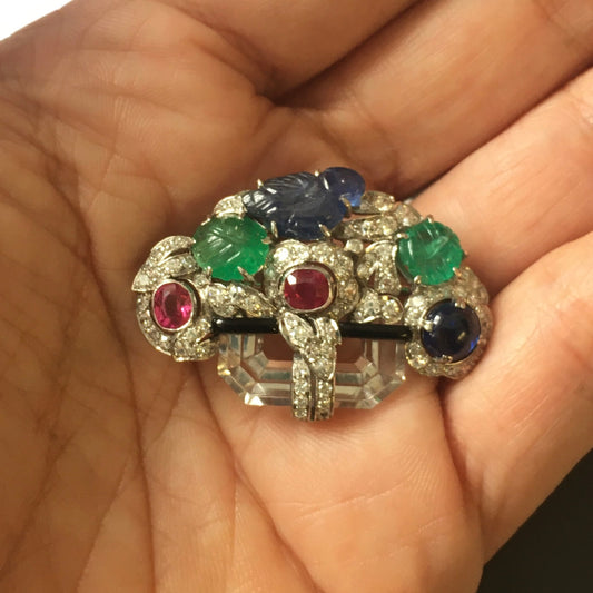 Ellis Brothers French 1930s Platinum Diamond, Emerald, Enamel, Rock Crystal, Ruby & Sapphire Tutti Frutti Brooch in hand