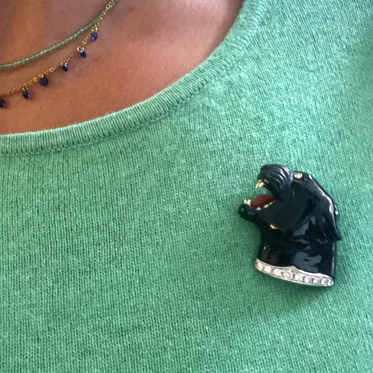 Italian 1980s Labradorite & Diamond Panther Brooch worn on top