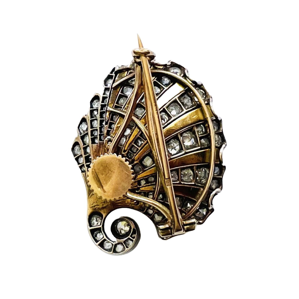 Antique Silver & 18KT Yellow Gold Natural Pearl, Diamond & Enamel Shell Brooch back