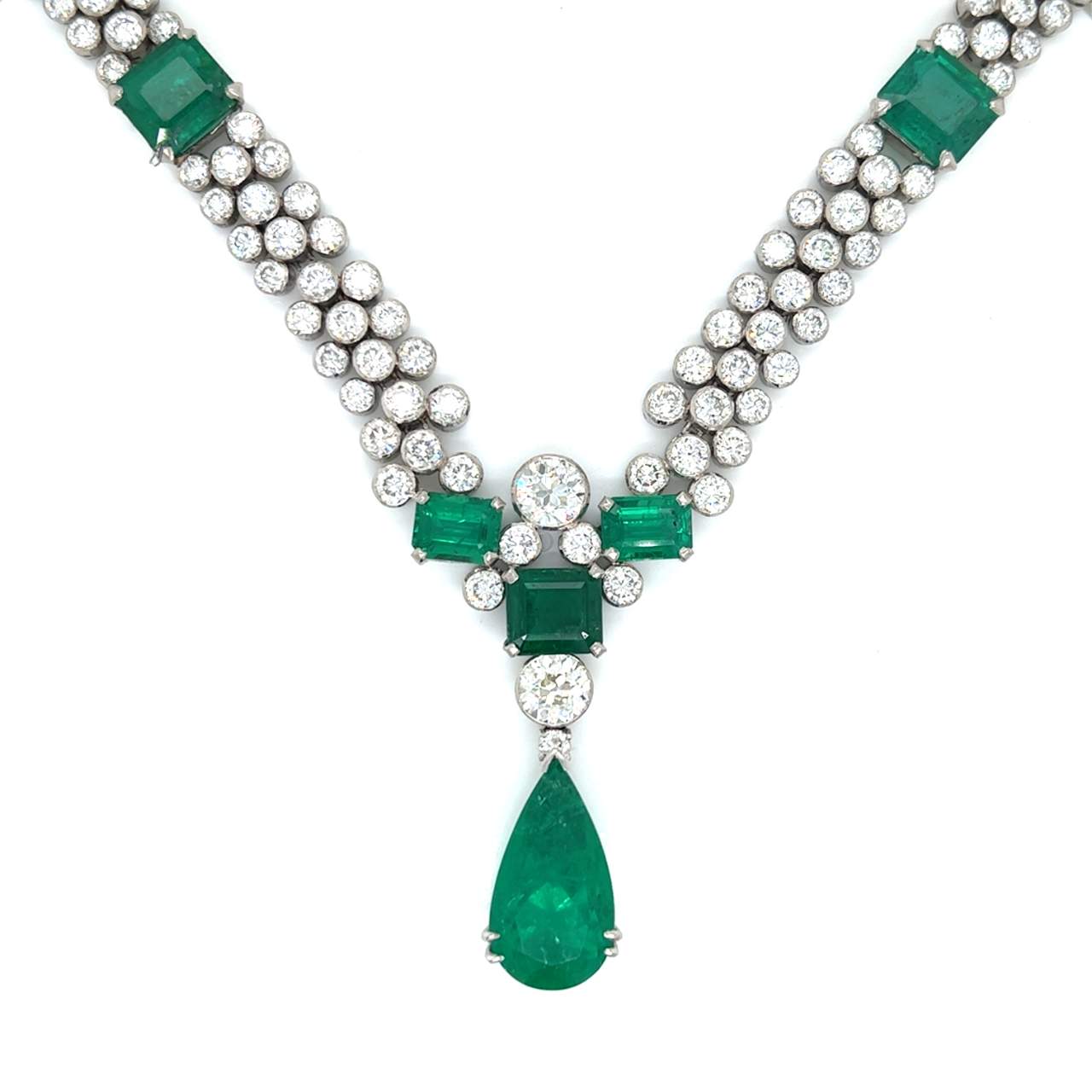 1950s Platinum Emerald & Diamond Necklace front