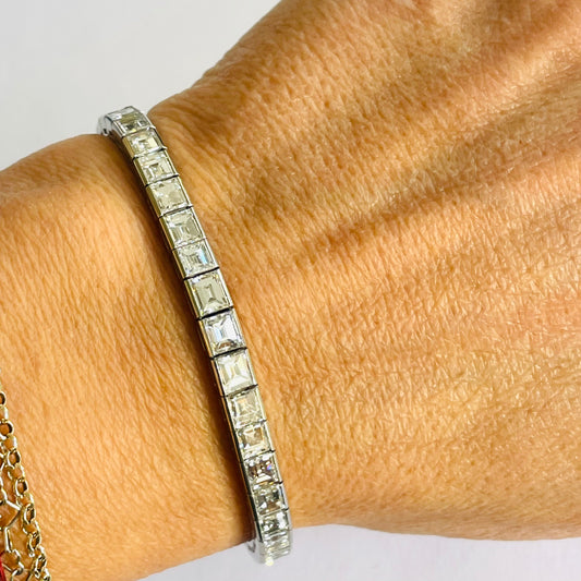 1980s Platinum Diamond Line Bracelet worn on wrist