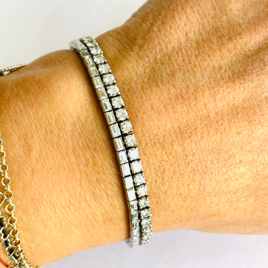 French 1960s Platinum & 18KT white Gold Diamond Bracelet worn on wrist