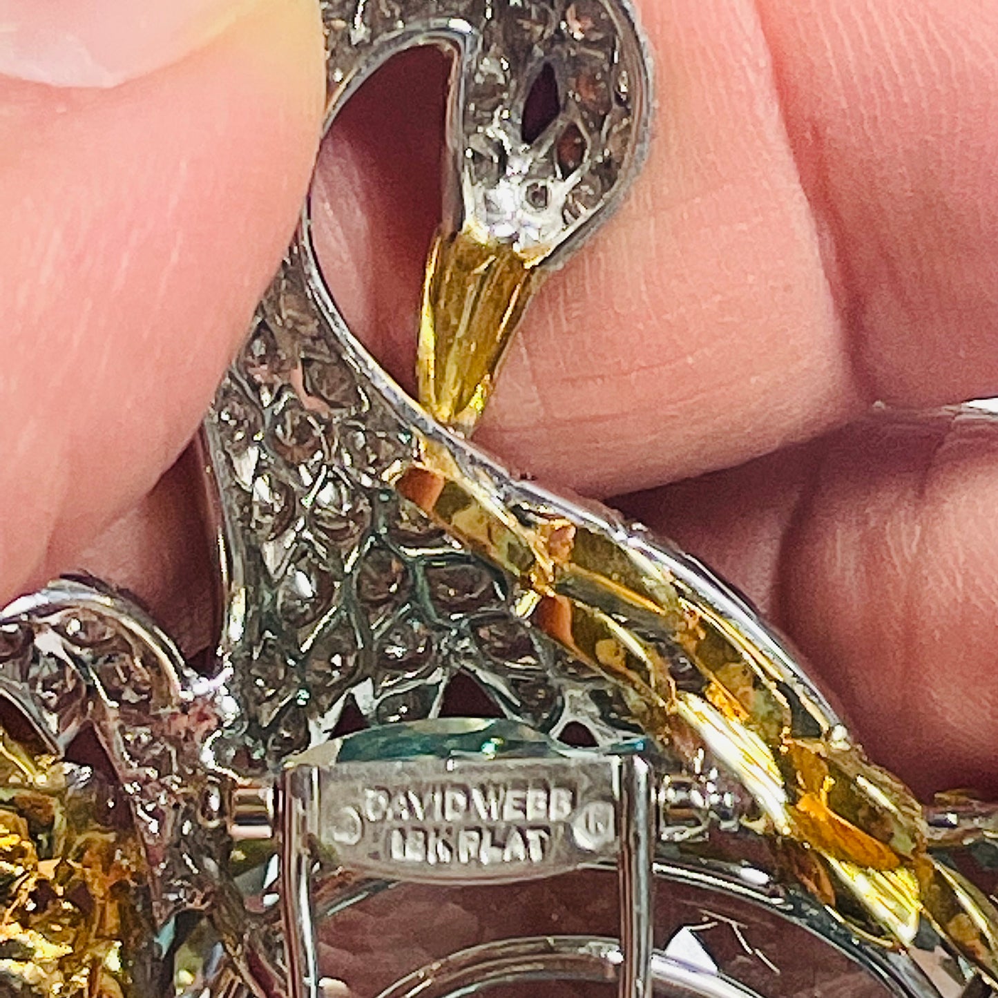 David Webb 1960s Platinum & 18KT Yellow Gold Aquamarine & Diamond Swan Brooch close-up of signature