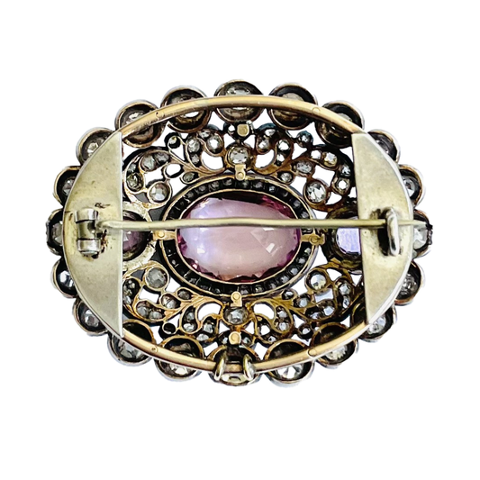 Victorian Silver & 18KT Yellow Gold Pink Topaz & Diamond Brooch back