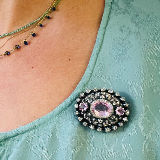 Victorian Silver & 18KT Yellow Gold Pink Topaz & Diamond Brooch worn on blouse