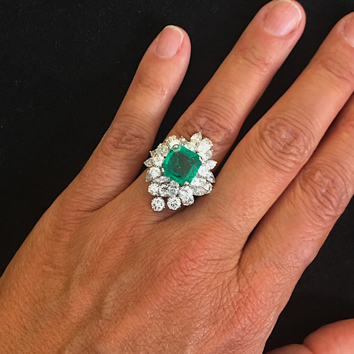 1960s Rhodium Plated White Gold Emerald & Diamond Ring worn on hand