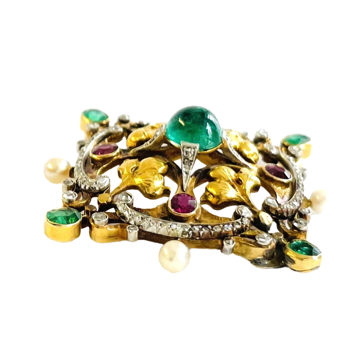 Victorian Silver & 18KT Yellow Gold Emerald, Diamond, Natural Pearl & Ruby Pendant profile