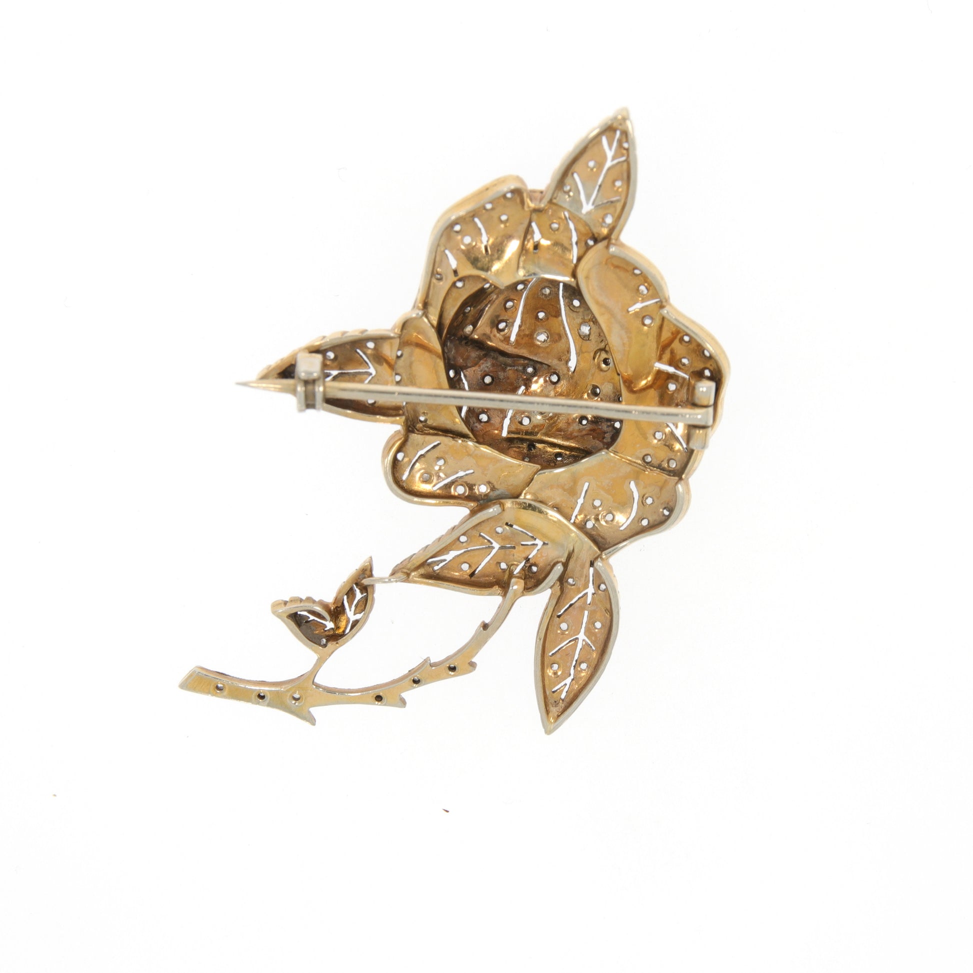 French Edwardian Platinum & 18KT Yellow Gold Diamond Rose Brooch back