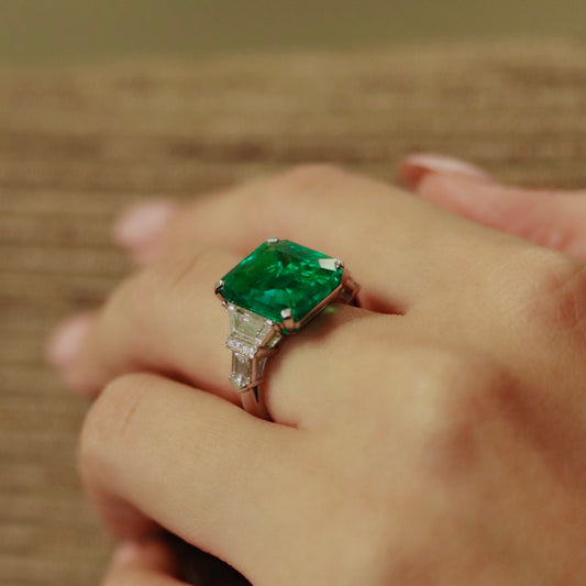 Raymond Yard Post-1980s Platinum Emerald & Diamond Ring worn on hand