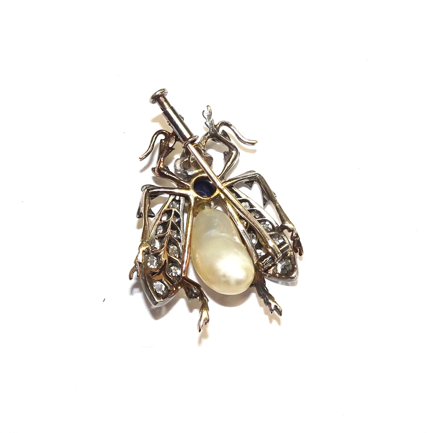Victorian Silver & 18KT Yellow Gold Natural Pearl, Diamond, Ruby & Sapphire Fly Brooch back