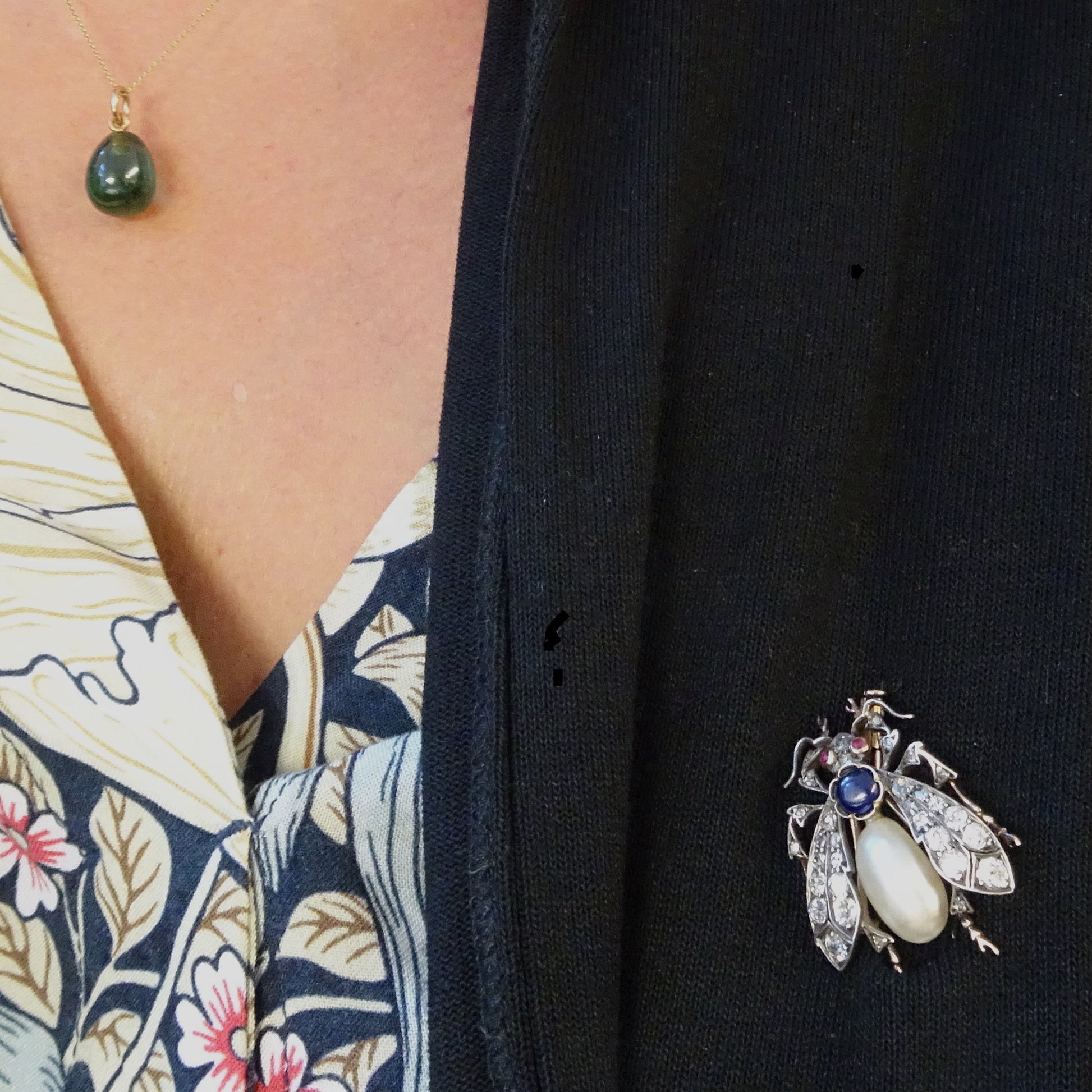 Victorian Silver & 18KT Yellow Gold Natural Pearl, Diamond, Ruby & Sapphire Fly Brooch worn on blouse