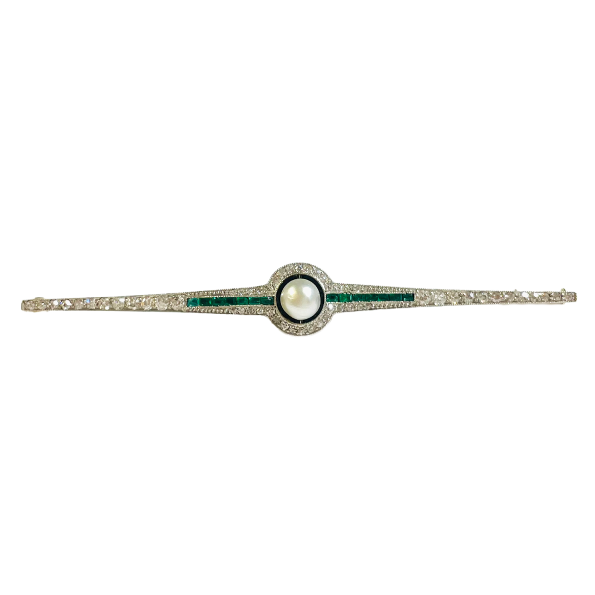 Edwardian Platinum & 18KT Yellow Gold Diamond, Emerald & Natural Pearl Brooch front