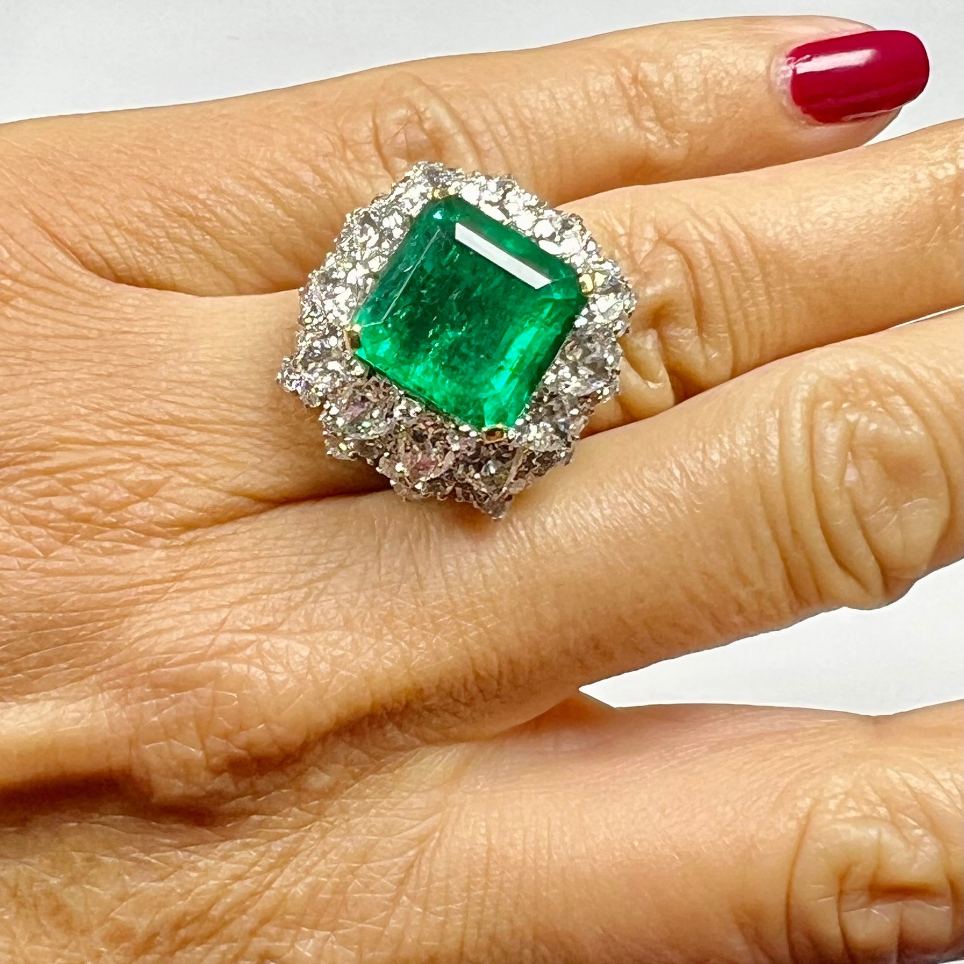 Bulgari 1960s Platinum Emerald & Diamond Ring worn on hand