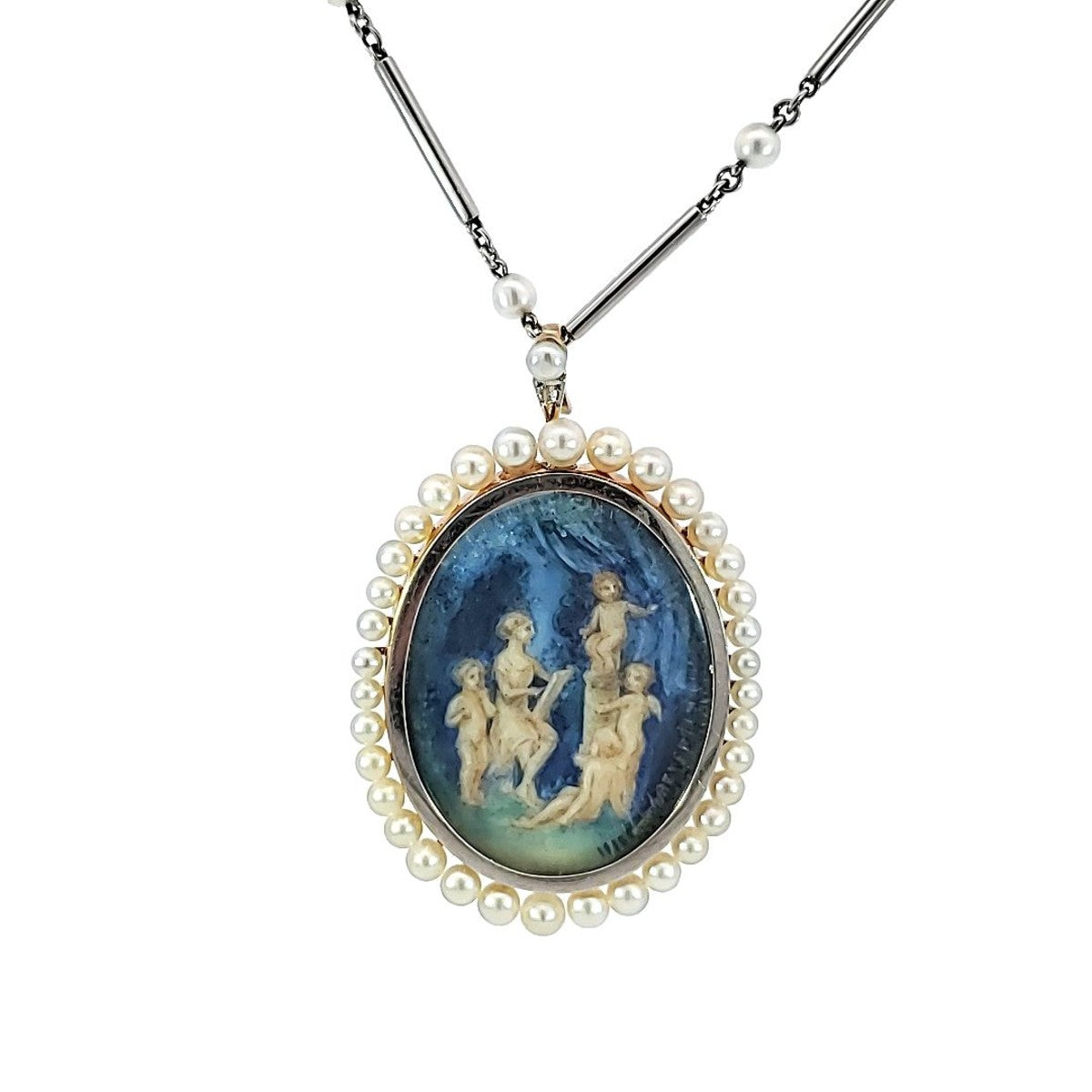 Edwardian Platinum & 18KT Yellow Gold Enamel, Natural Pearl & Porcelain Necklace front