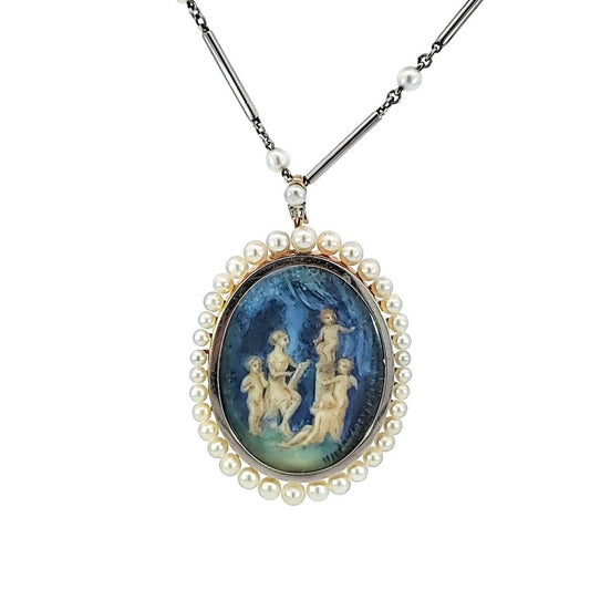 Edwardian Platinum & 18KT Yellow Gold Enamel, Natural Pearl & Porcelain Necklace front