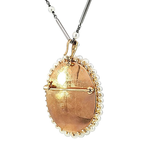 Edwardian Platinum & 18KT Yellow Gold Enamel, Natural Pearl & Porcelain Necklace back
