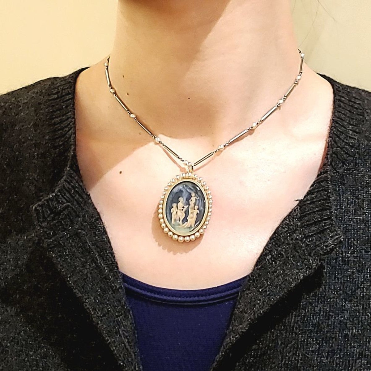 Edwardian Platinum & 18KT Yellow Gold Enamel, Natural Pearl & Porcelain Necklace worn as pendant