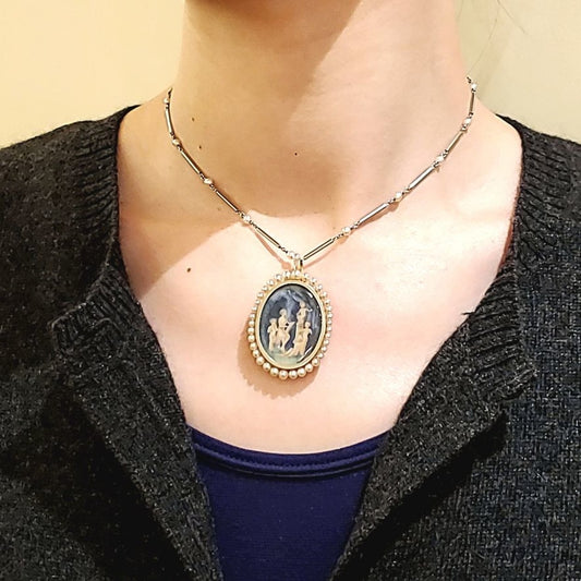 Edwardian Platinum & 18KT Yellow Gold Enamel, Natural Pearl & Porcelain Necklace worn as pendant