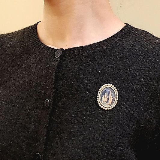 Edwardian Platinum & 18KT Yellow Gold Enamel, Natural Pearl & Porcelain Necklace worn as brooch