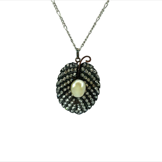 Antique Silver & 18KT Yellow Gold Natural Pearl & Diamond Necklace front