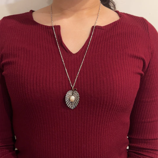 Antique Silver & 18KT Yellow Gold Natural Pearl & Diamond Necklace worn on neck