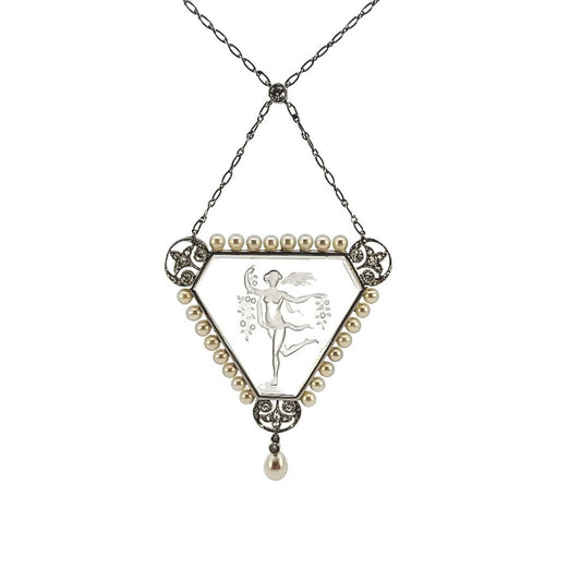Edwardian Platinum Rock Crystal, Diamond & Pearl Pendant Necklace front