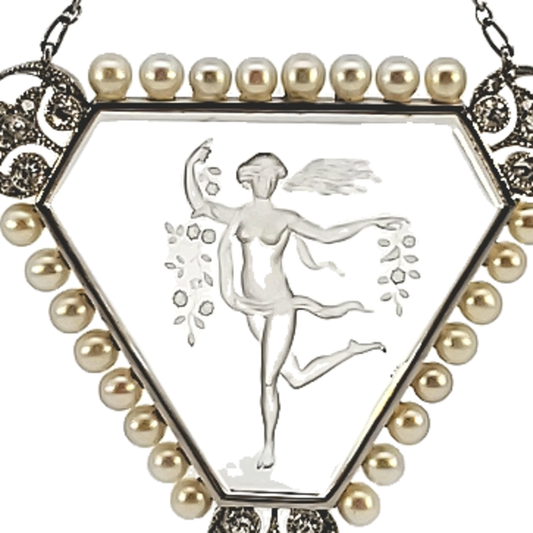 Edwardian Platinum Rock Crystal, Diamond & Pearl Pendant Necklace close-up