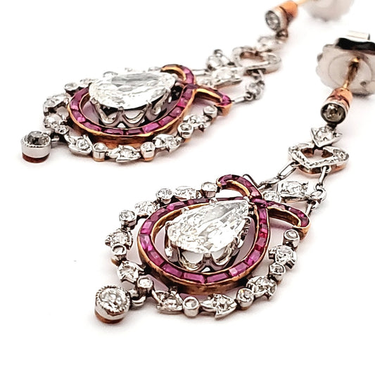 Edwardian Platinum Diamond & Ruby Earrings close-up side