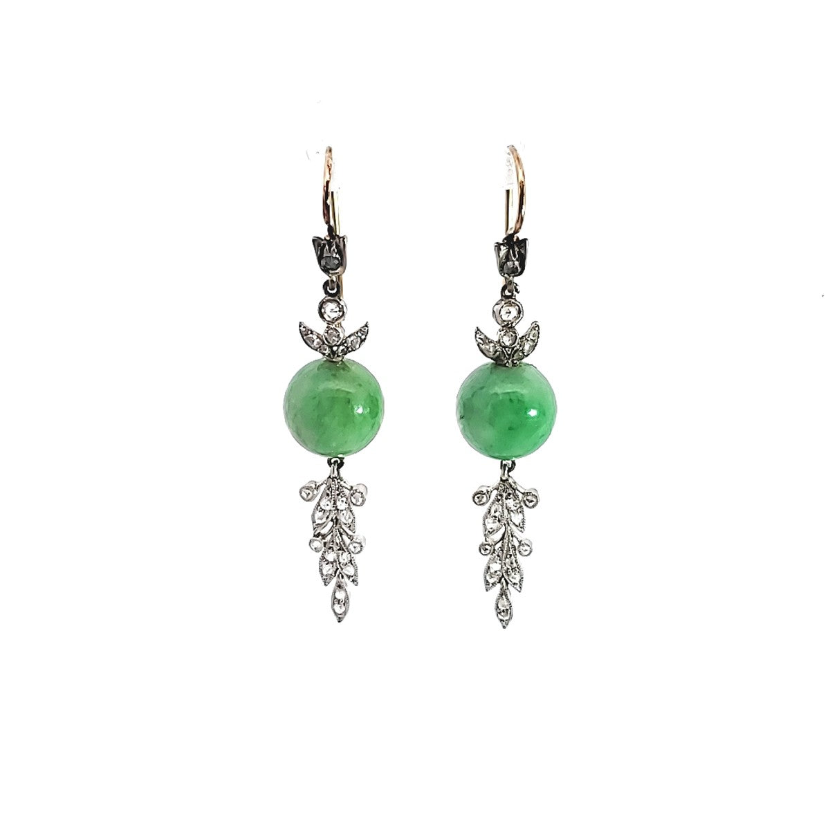 Antique 14KT White Gold Jade & Diamond Earrings front