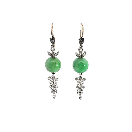 Antique 14KT White Gold Jade & Diamond Earrings front