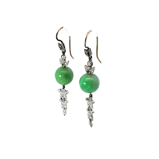 Antique 14KT White Gold Jade & Diamond Earrings side