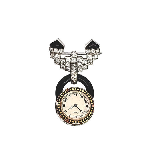 Cartier Paris Art Deco Platinum & 18KT Yellow Gold Diamond, Enamel & Onyx "Cachet" Watch Brooch front