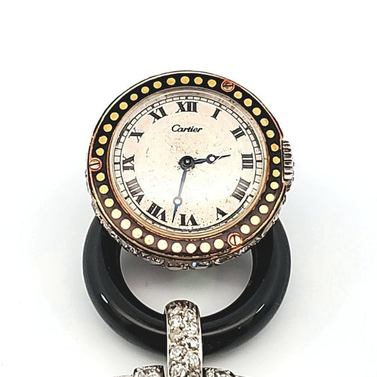 Cartier Paris Art Deco Platinum & 18KT Yellow Gold Diamond, Enamel & Onyx "Cachet" Watch Brooch watch face