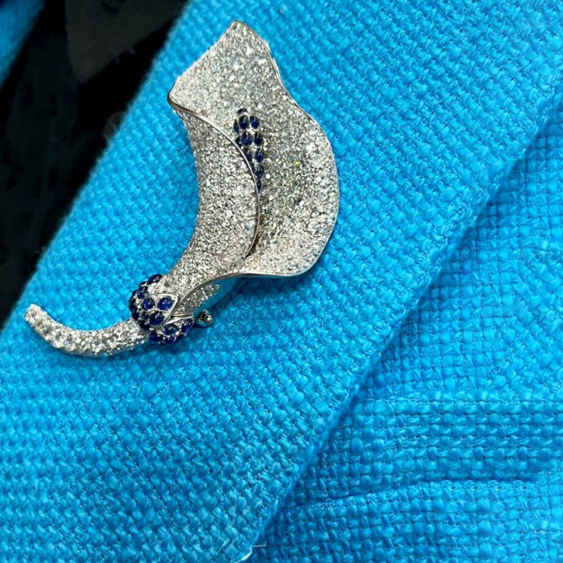 Post-1980s Platinum Diamond & Sapphire Brooch worn on lapel