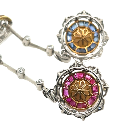 Edwardian Platinum & 18KT Yellow Gold Natural Pearl, Diamond, Ruby & Sapphire Necklace back of pendant