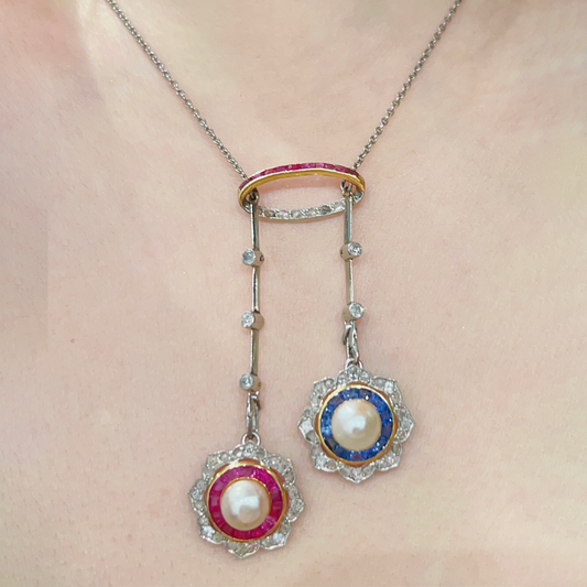 Edwardian Platinum & 18KT Yellow Gold Natural Pearl, Diamond, Ruby & Sapphire Necklace worn on neck