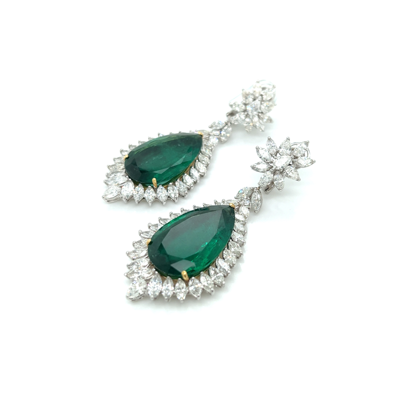 Post-1980s Platinum & 18KT White Gold Emerald & Diamond Earrings front and side