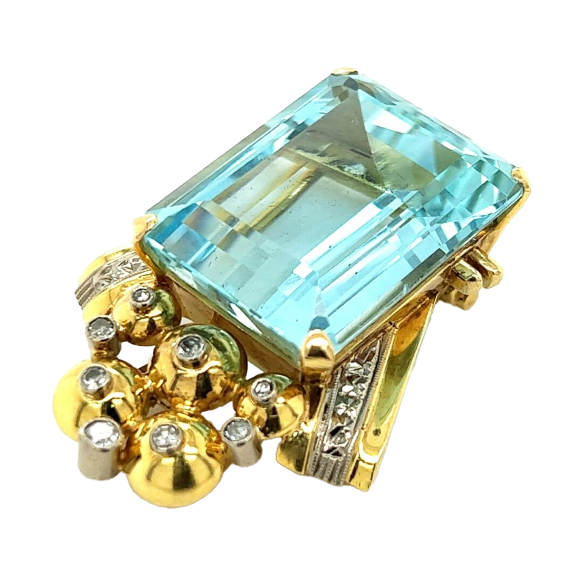 Retro 18KT Yellow Gold Aquamarine & Diamond Brooch side/bottom
