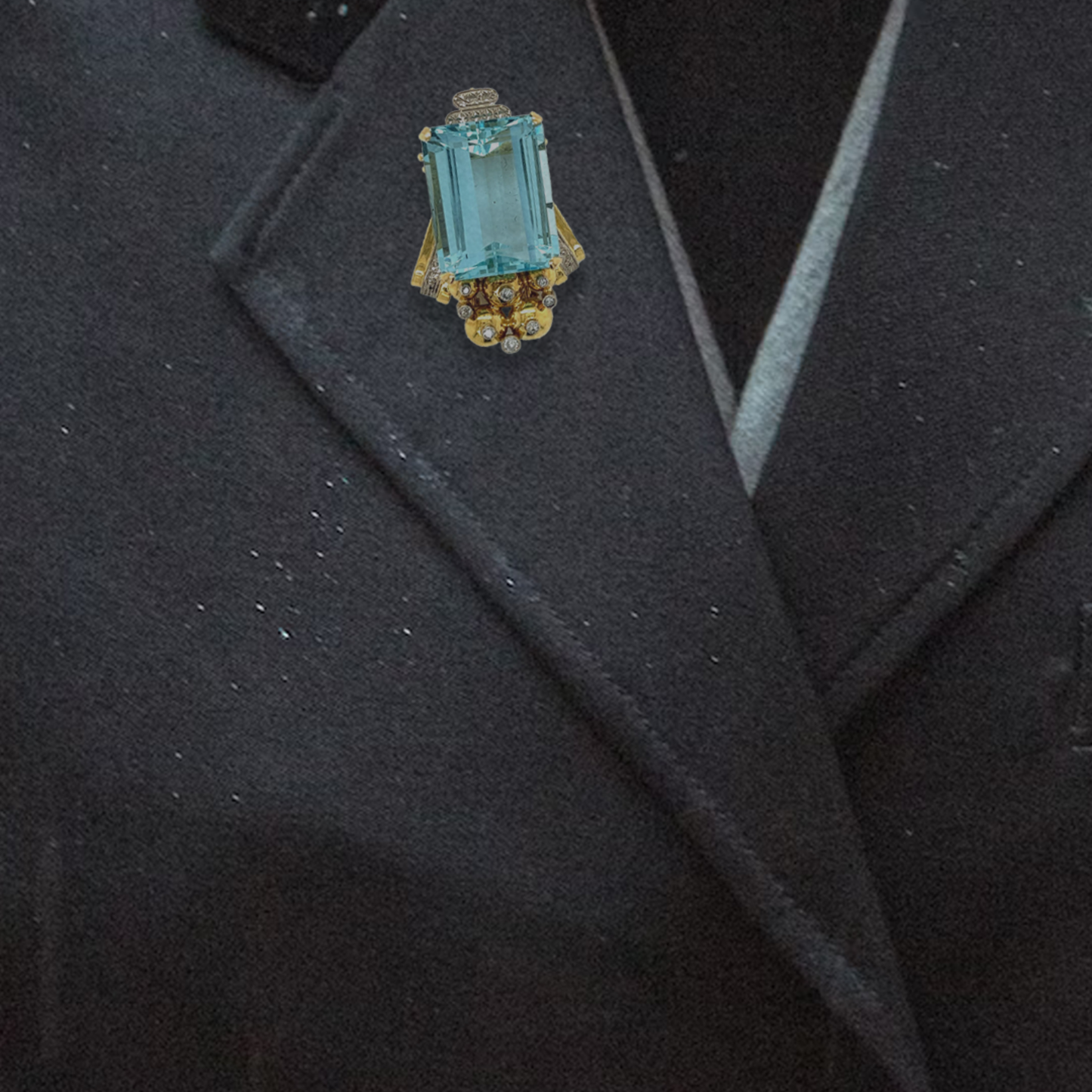 Retro 18KT Yellow Gold Aquamarine & Diamond Brooch worn on blazer