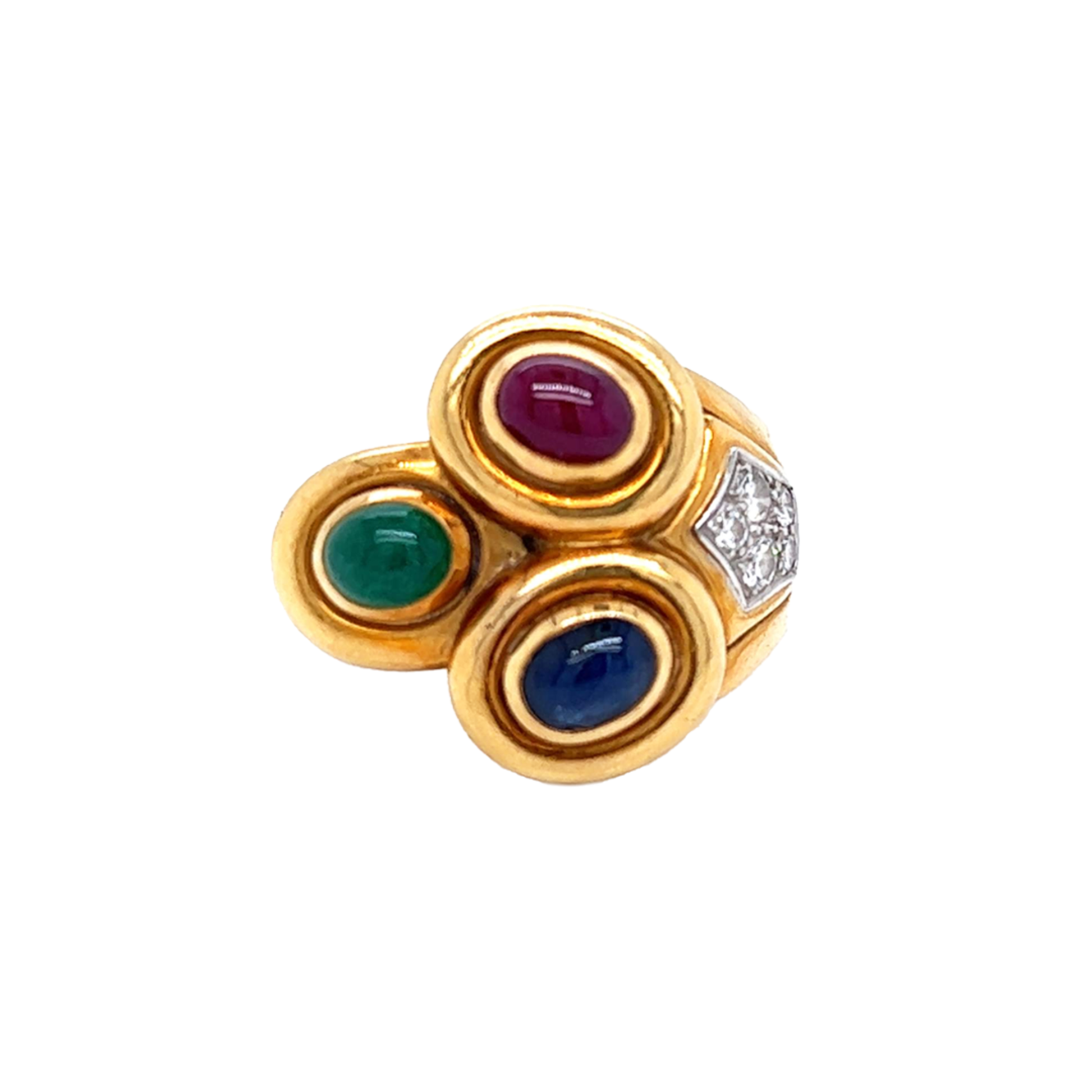 David Webb Post-1980s 18KT Yellow Gold & Platinum Ruby, Diamond, Emerald, & Blue Sapphire Ring front view