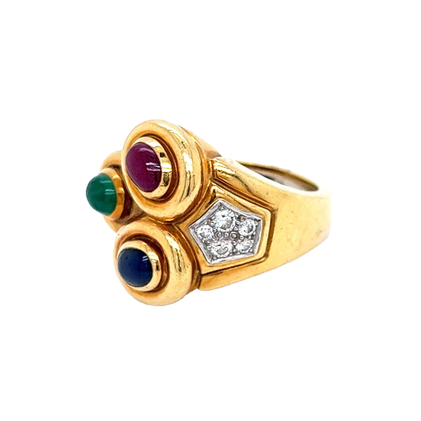 David Webb Post-1980s 18KT Yellow Gold & Platinum Ruby, Diamond, Emerald, & Blue Sapphire Ring side front view